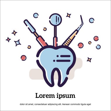 Vektör düz illüstrasyon karikatür tarzı beyaz arka plan üzerinde. Diş ve diş aletleri ve donanımları. Cımbız ile ayna.