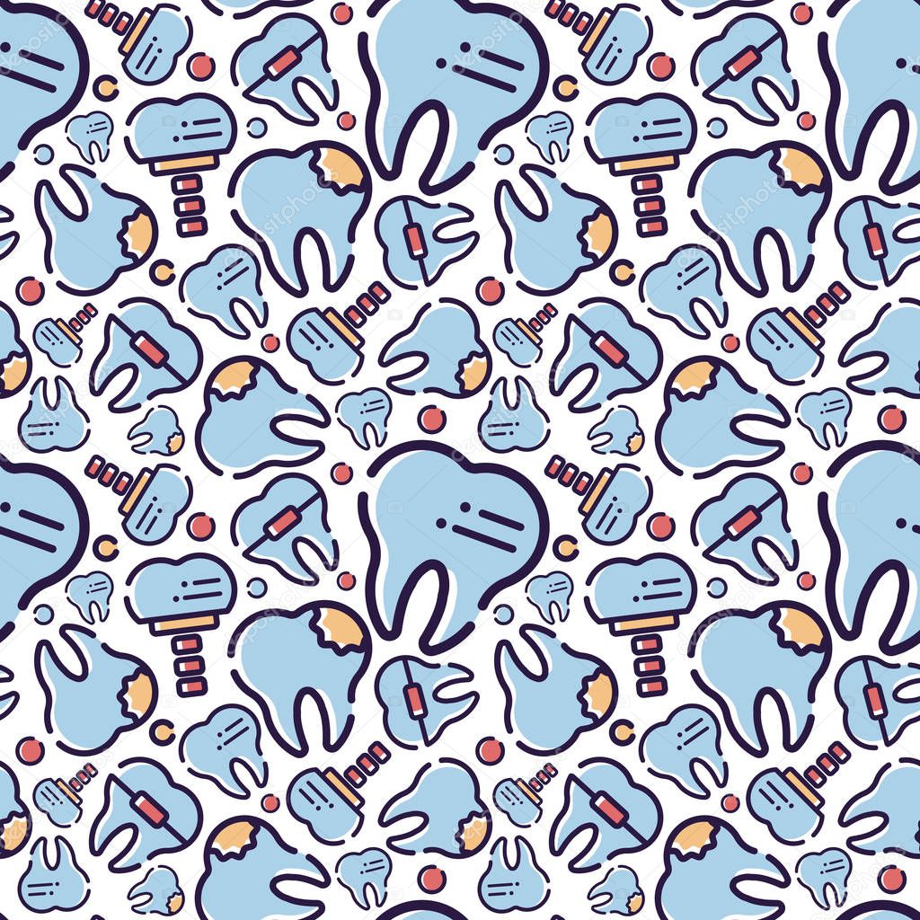 Vector seamless pattern on dental theme. Teeth and equipment for dentists. Used for backgrounds, cards, wallpapers