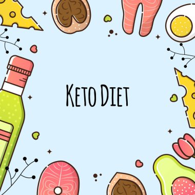 Vector illustration of keto diet on a blue background. Olive oil, salmon steak and avocado. Useful products for weight loss, cooking. Post template for social media clipart