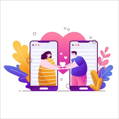 Güzel bir kız ve bir adam telefonda el ele tutuşuyorlar. İnsanlar için online randevu. Sanal iletişim. Botanik yapraklı beyaz arkaplan üzerindeki düz vektör çizimi eğilimi.