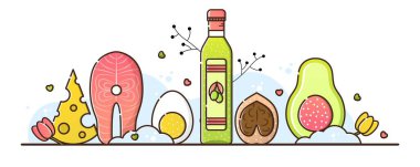 Vector illustration of keto diet on a white background. Olive oil, salmon steak, egg, nut and avocado. Useful products for weight loss, cooking. The menu for the restaurant and cafe. Linear style. clipart