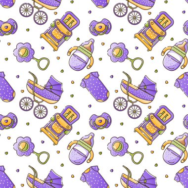 Yeni doğan bebekler için aksesuarlı kusursuz renk deseni. Bir çocuğun doğumu, beslenme ve bakım. Arkaplan, duvar kağıdı, ambalaj kağıdı, tekstil için kullan. Doğrusal biçim