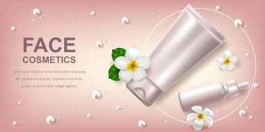 Serum ve jel için beyaz boş bir şişe ile vektör gerçekçi illüstrasyon. Tropik Hawaii çiçekleri frangipani. Kozmetik ürünlerin reklamı ve tanıtımı için afiş. Poster ve kartlar için kullan
