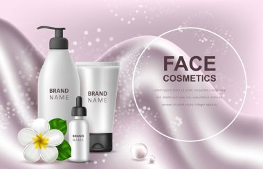 Serum ve jel için beyaz boş bir şişe ile vektör gerçekçi illüstrasyon. Tropik Hawaii çiçekleri frangipani. Kozmetik ürünlerin reklamı ve tanıtımı için afiş. Poster ve kartlar için kullan