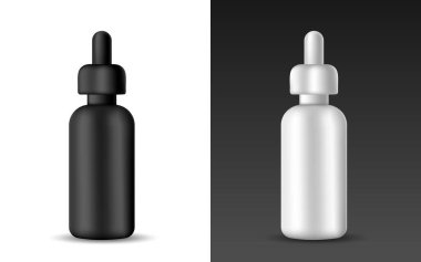 Beyaz ve siyah gerçekçi boş plastik serum şişesi kozmetik sıvılar için vektör izole nesne beyaz arka planda. Pankart, broşür ve pankart için hazırlan. Ürün paketleme illüstrasyonu.