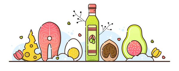 Vector illustration of keto diet on a white background. Olive oil, salmon steak, egg, nut and avocado. Useful products for weight loss, cooking. The menu for the restaurant and cafe. Linear style.
