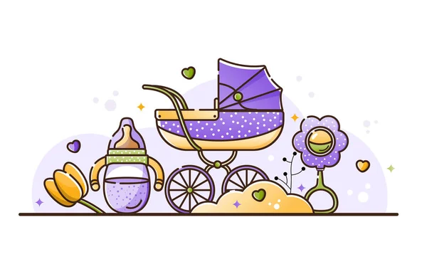 Ilustração Vetorial Com Acessórios Para Bebês Carrinho Mamadeira Brinquedo Nascimento — Vetor de Stock