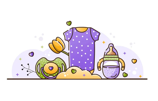Векторні Ілюстрації Дитячими Аксесуарами Фіолетовий Текстильний Одяг Новонародженого Принтом Білих — стоковий вектор