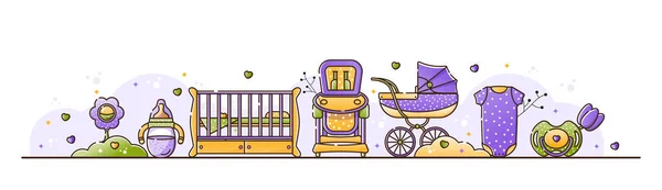 Vektorillustration Mit Baby Accessoires Kinderwagen Babymilchflasche Und Spielzeug Geburt Eines lizenzfreie Stockvektoren