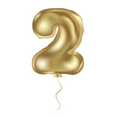 Altın vektör gerçekçi balon. Beyaz arka planda iki numaralı izole nesne. Doğum günü kutlaması, yıldönümü davetiyesi.