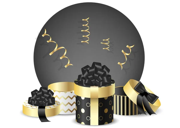 弓と蛇紋岩と黄金と黒の包装箱のイラスト 新年とクリスマスのためのベクトルの背景 — ストックベクタ