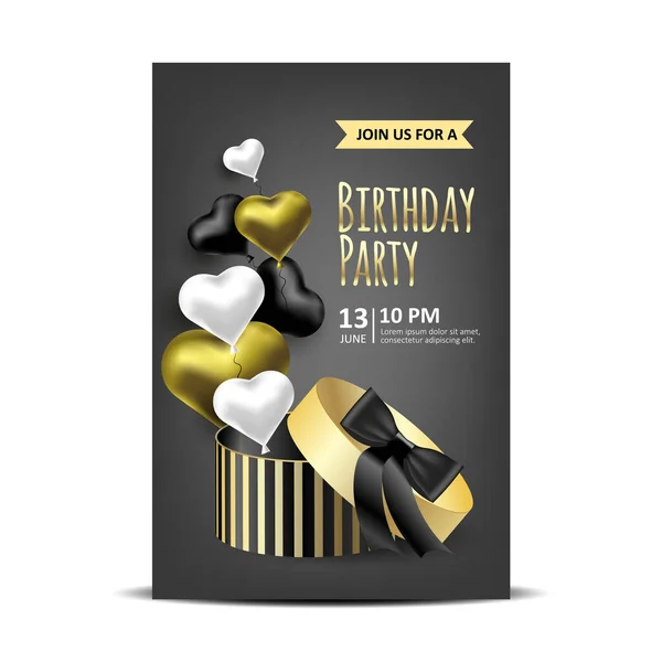 Birthday invitation with packing boxes and golden balloons. Vector illustration background