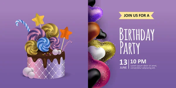 Happy Birthday Lila Hintergrund Bunte Realistische Luftballons Herzform Und Schokoladenkuchen Vektorgrafiken