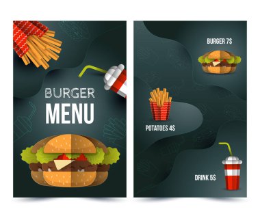 Beyaz arka planda renkli Fast Food vektör menüsü. Fast food hamburger akşam yemeği ve restoran kağıdı kesim tarzı.