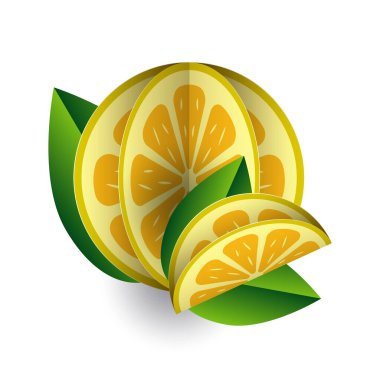 Vektör tropikal yaz egzotik meyve kağıdı hacmi keser. Origami. Beyaz arkaplanda izole edilmiş renk nesnesi. Sarı limon ve bir dilim
