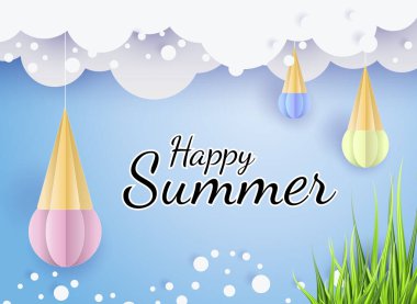 Vektör yaz arkaplan Dantelli 3 boyutlu kağıt, gökyüzünde bulutlar, dondurma