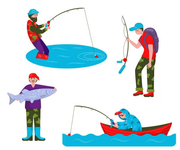 Fishing Nature Fishing Quiet Hunting Set Vector Flat Characters People — Stock Vector