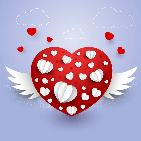 Corazón Amor Papel Cortado Con Alas Para Día San Valentín — Archivo Imágenes Vectoriales