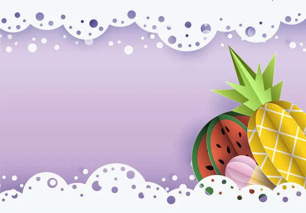 Vector summer background 3d paper cut with lace, ice cream clouds. Fruit pineapple and watermelon.