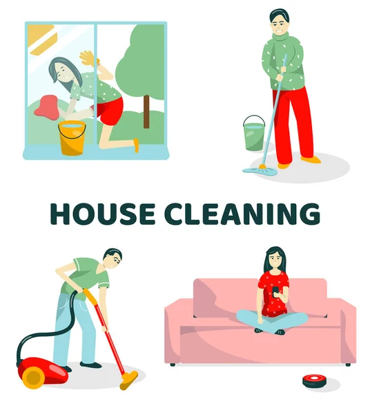 Family Cleans Apartment Dad Vacuuming Mom Washes Window Grandpa Washes — Stock Vector