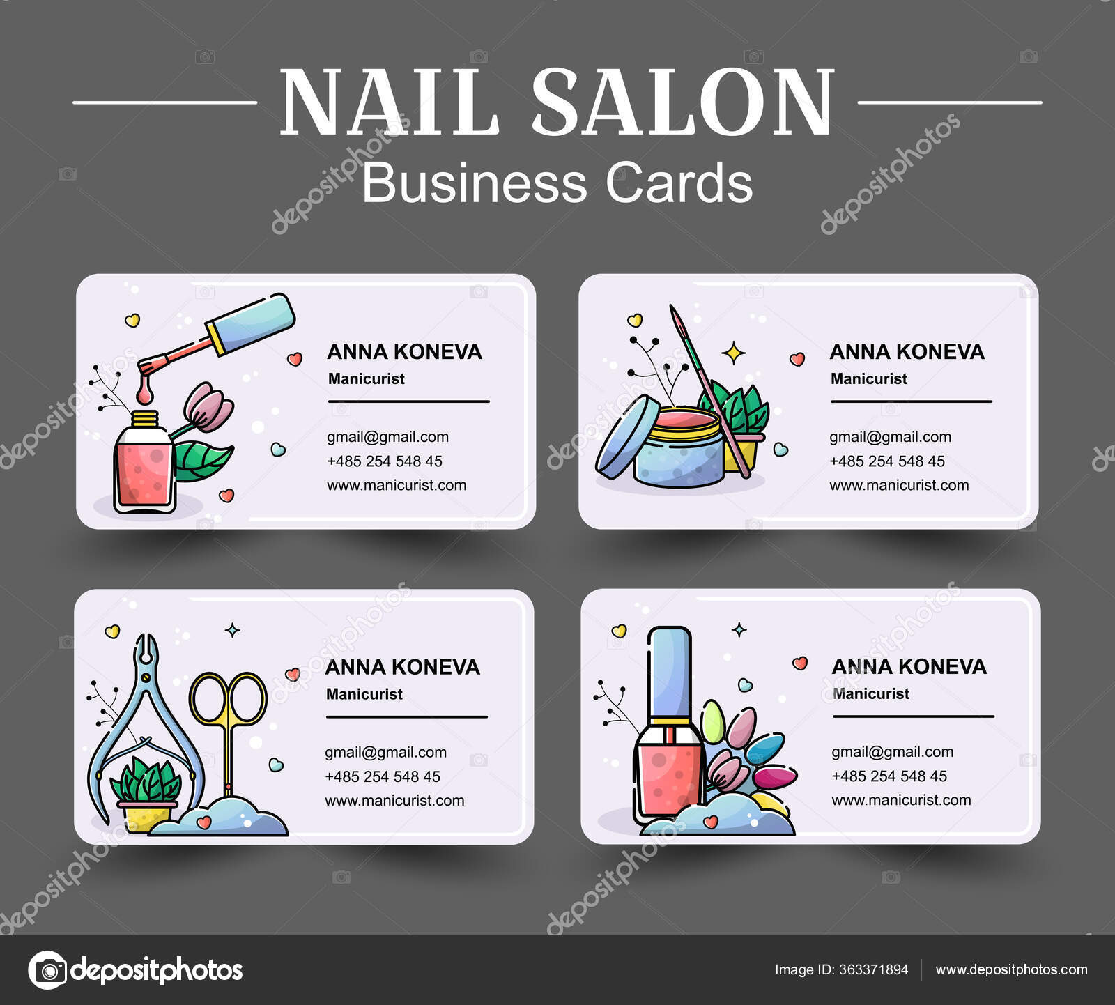 Vector Flat Set Business Cards Nail Salon Linear Style Manicure Stock