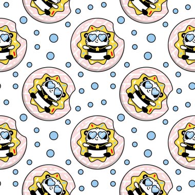 Yaz tatilinde şirin panda kawaii ayısı. Doğrusal biçimde vektör düz renksiz desen