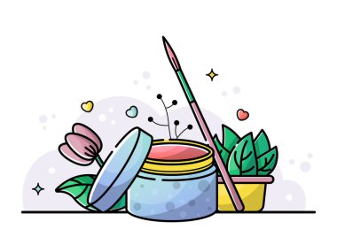 Manikür salonu ve manikür aletleri. Tırnakları boyamak için jel boya ve fırça. Botanik elementlerle doğrusal biçiminde vektör düz illüstrasyon.