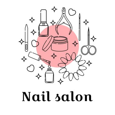 Manikür salonu ve manikür aletleri. Tırnak törpüsü, makas, oje, palet ve jöle boyası. Bir daire şeklinde doğrusal biçiminde izole nesnelerin şeffaf düz kümesi