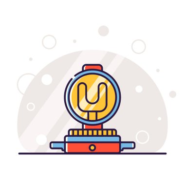 Yemek pişirmek için mutfak elektrikli aletleri. Krep makinesinde krep pişirme işlemi. Doğrusal biçimdeki vektör düz illüstrasyon.