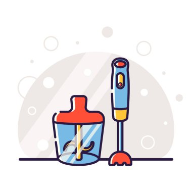 Yemek pişirmek için mutfak elektrikli aletleri. Blender 'da yiyecek öğütme işlemi. Doğrusal biçimdeki vektör düz illüstrasyon.