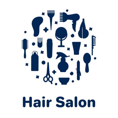 Berber dükkanı için ikonalar. Güzellik salonundaki usta için aletler. Saç fırçası, saç kurutma makinesi, makas, şampuan. Düz doğrusal simgelerin vektör kümesi. Beyaz bir arkaplan üzerinde nesnelerin tek renkli siluetleri bir daire içinde.