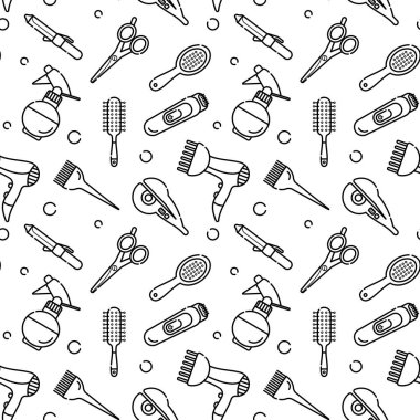 Kuaför için dikdörtgen monokrom deseni. Güzellik salonundaki usta için aletler. Saç kurutmak için saç kurutma makinesi. Doğrusal biçim vektör nesneleri