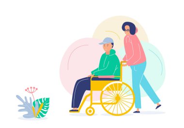 Bir gönüllü tekerlekli sandalyedeki bir adama yardım eder. El ve kalbe yardım etmek. Botanik elementlerle beyaz arkaplan üzerinde vektör düz illüstrasyon