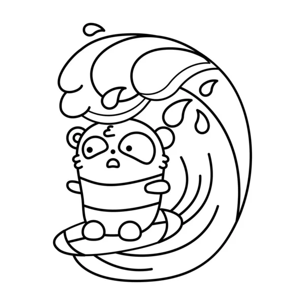 Little cute panda rides on a surfboard and is scared. Big wave on the sea. Vector flat illustration in linear style on white background. Emotions Kawai Bear. Coloring book page