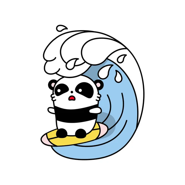 Little cute panda rides on a surfboard and is scared. Big wave on the sea. Vector flat illustration in linear style on white background. Emotions Kawai Bear
