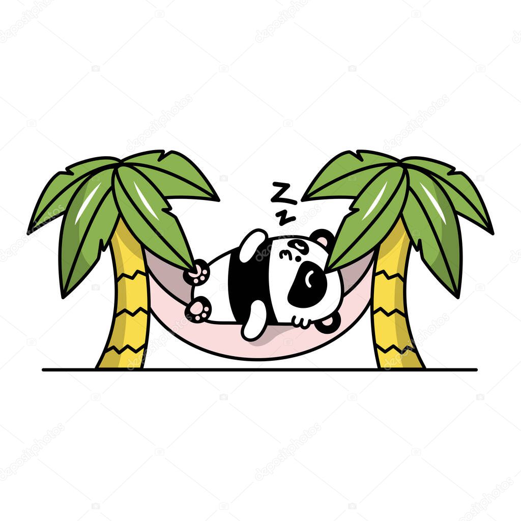 Little cute panda is sleeping in a hammock between palm trees. Vector flat illustration in linear style on white background. Kawai animal.
