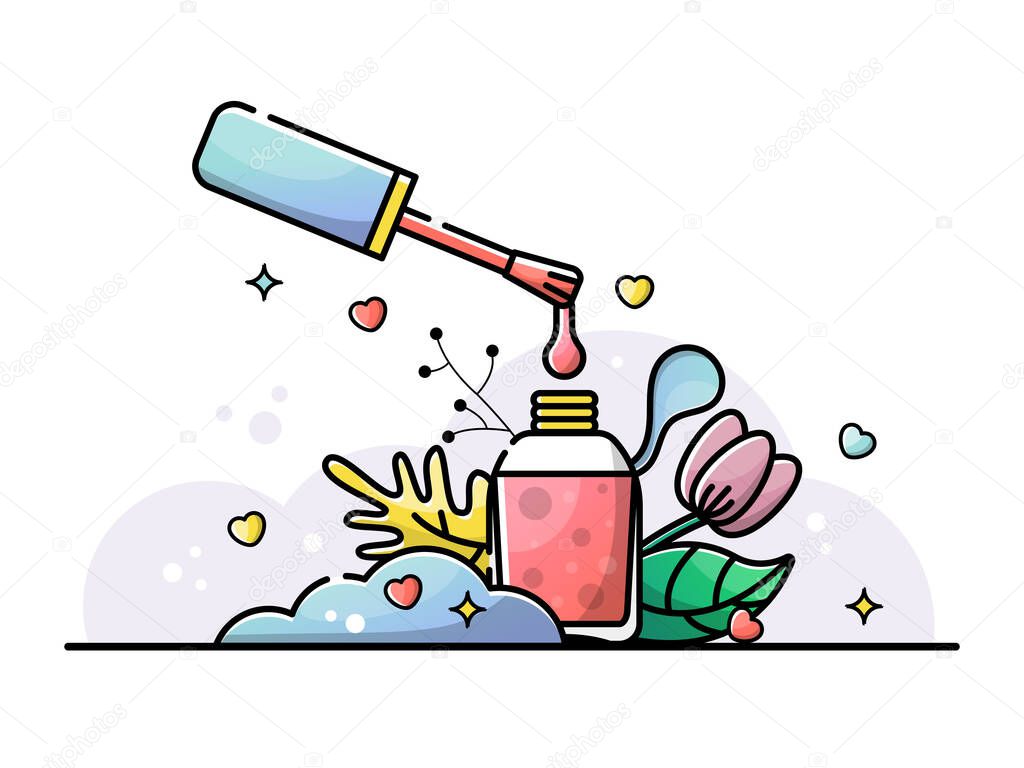Nail polish. A drop of varnish is dripping. Vector flat illustration in linear style with botanical elements.