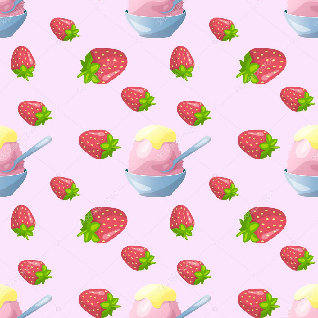 Traditional Japanese dessert kakigori. Ice chips with strawberry syrup. Vector flat seamless pattern