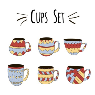 İskandinav tarzında el çizmek için çay, kahve ve süt. İzole edilmiş renkli nesneler.