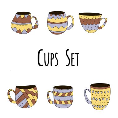 İskandinav tarzında el çizmek için çay, kahve ve süt. İzole edilmiş renkli nesneler.