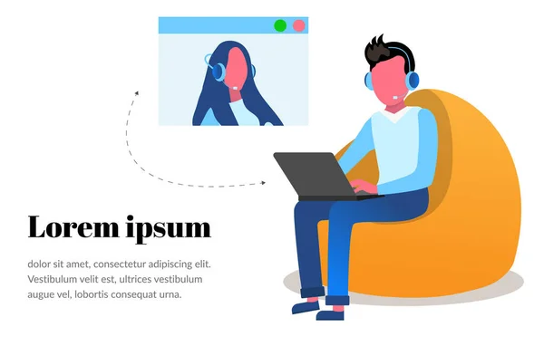 Man Girl Communicate Online Internet Laptop Vector Illustration Modern Cartoon — Stock Vector