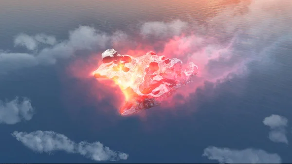 Aves olho vista meteorito vermelho caindo para o oceano — Fotografia de Stock