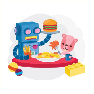 Sevimli oyuncak karakter. Robot ve ayı oyuncak bebek hamburger, makarna ve patates kızartması ile öğle yemeği menüsü var.