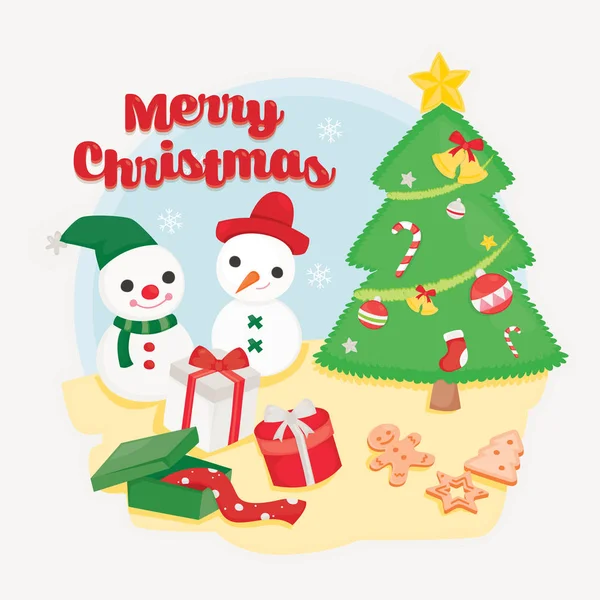 Biglietto natalizio con pupazzo di neve e decorazioni natalizie — Vettoriale Stock