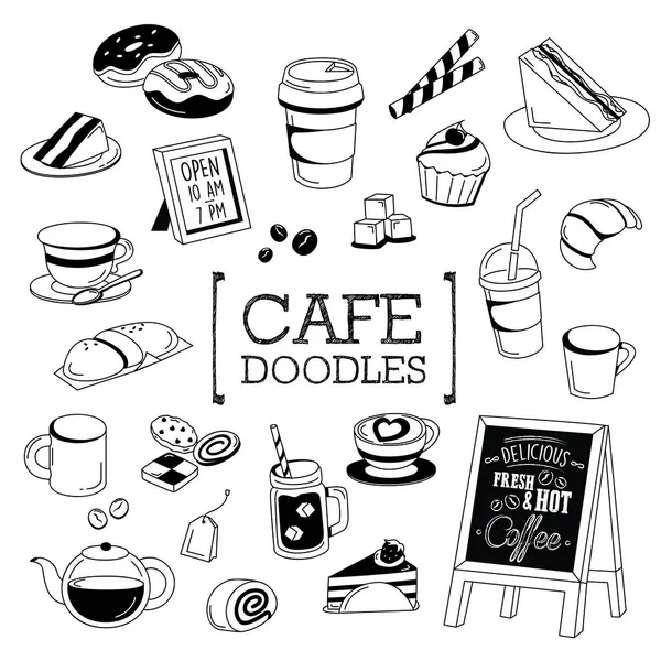 Café Doodle, Estilos de dibujo a mano de objetos de café — Vector de stock