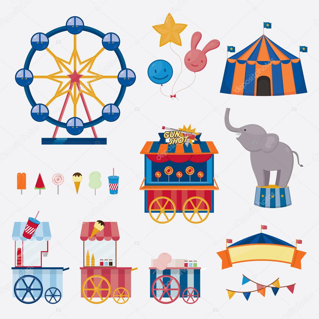 Circus collection with carnival, fun fair. 