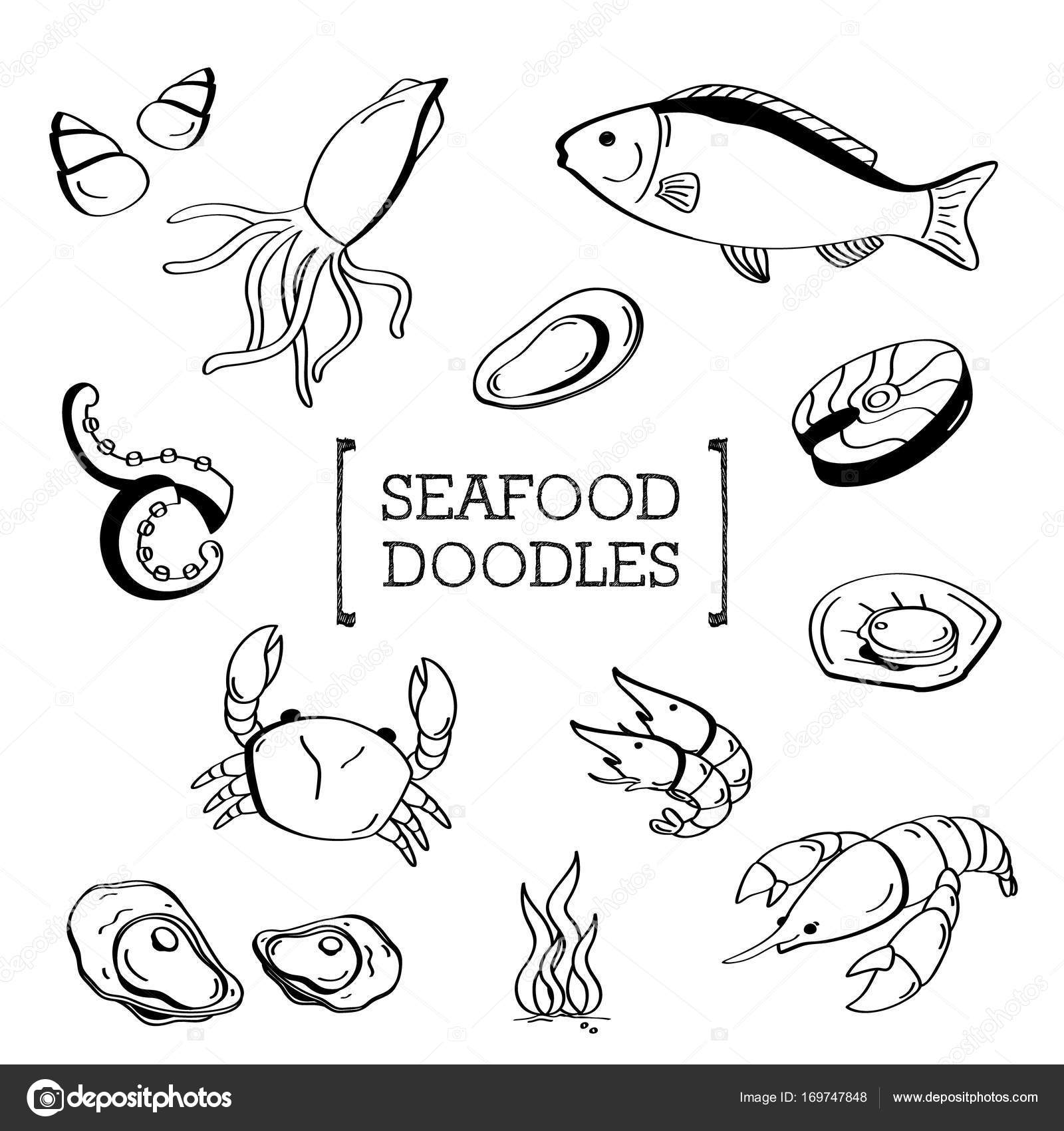 Doodle di frutti di mare stili di disegno a mano di frutti di mare Illustrazione di vettore — Vettoriali di wasaneap gmail