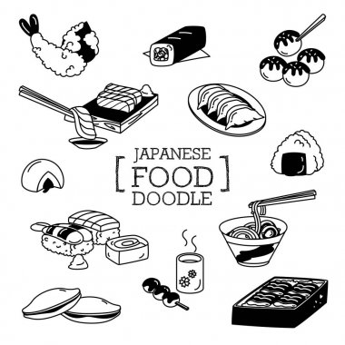 Japon yemekleri Doodle, el Çizim stilleri Japonca gıda.