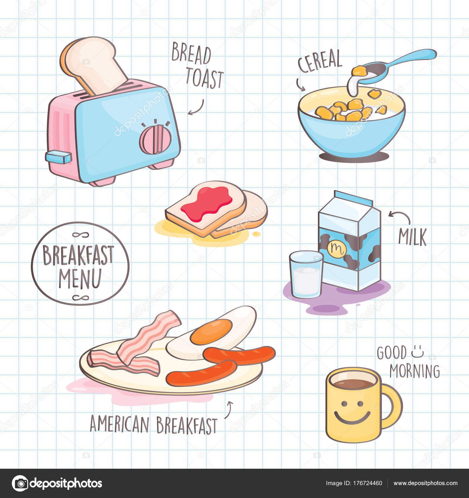 Colourful Doodle Style Breakfast Vector Set Breakfast Menu Stock Illustration by ©wasaneapgmail