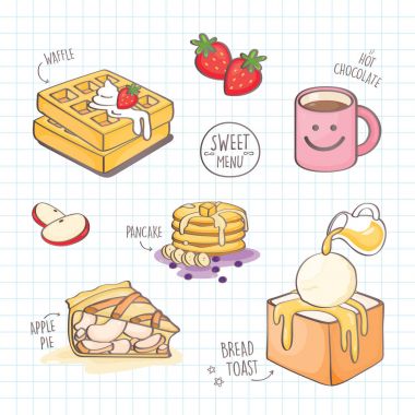 Renkli doodle stil tatlı. Tatlı menüsü kafe için vektör kümesi.